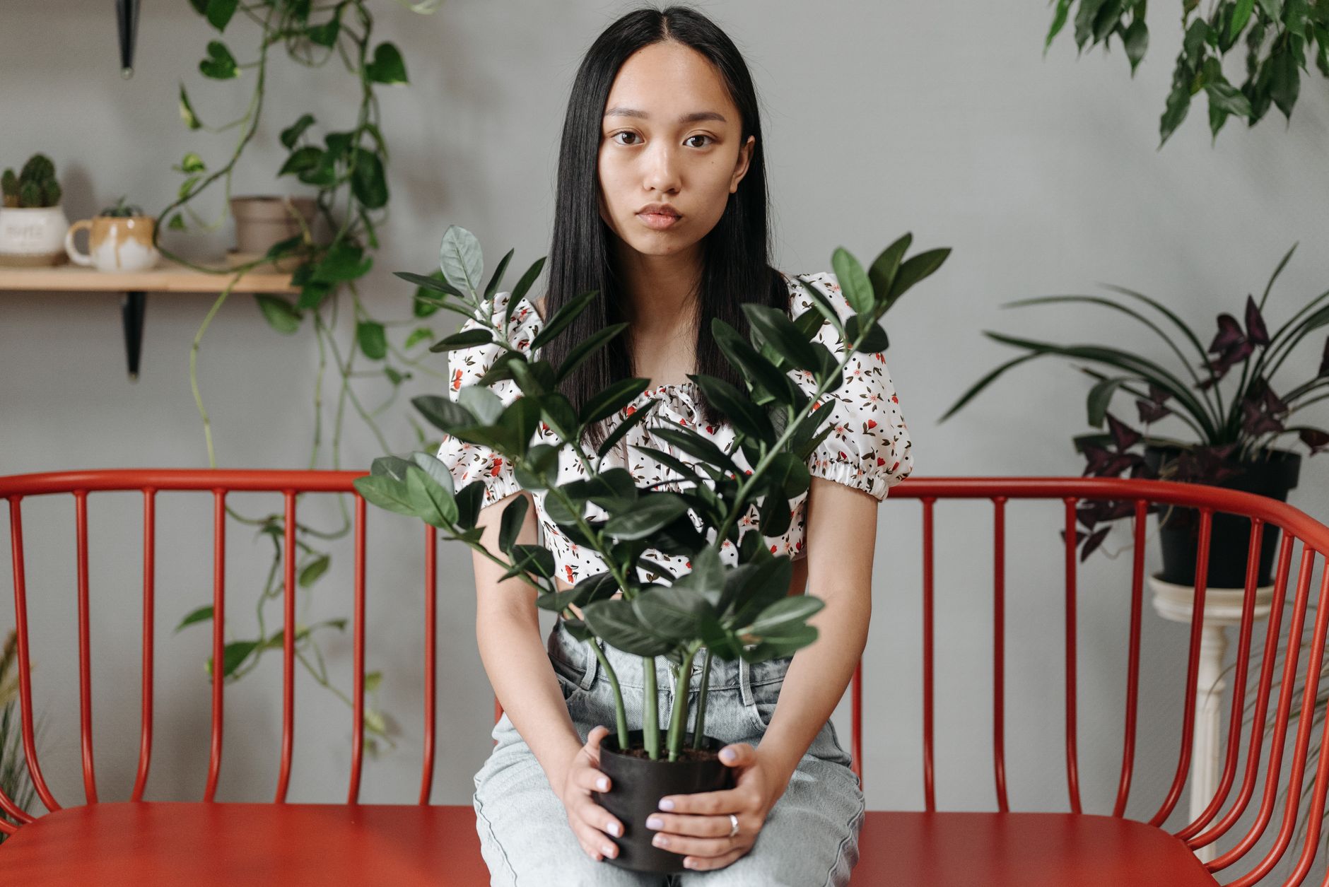 An Asian woman sits indoors holding a houseplant, presented in a stylish home setting.